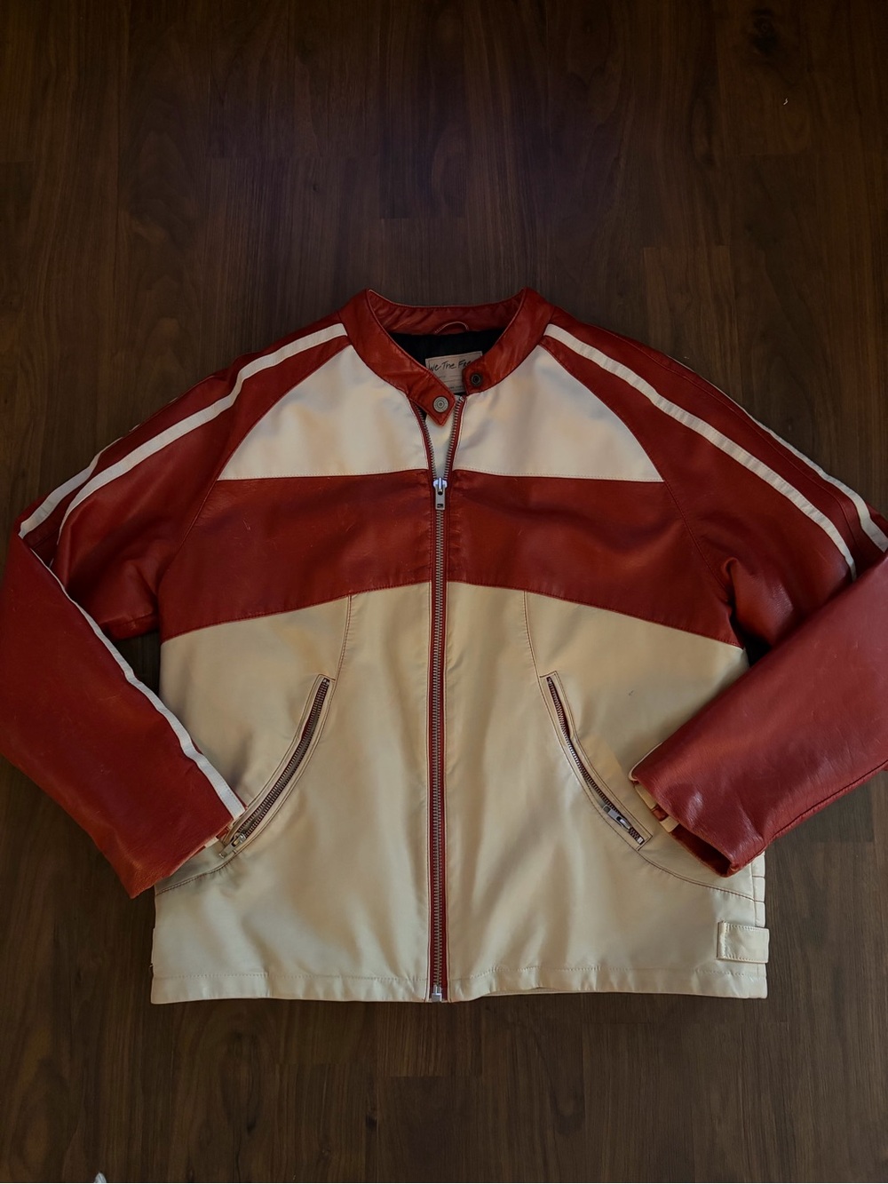 We The Free Red and Cream Leather Bomber Jacket